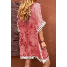 Pastel Red Crochet Tie-dye Printed Cover Up Dress 